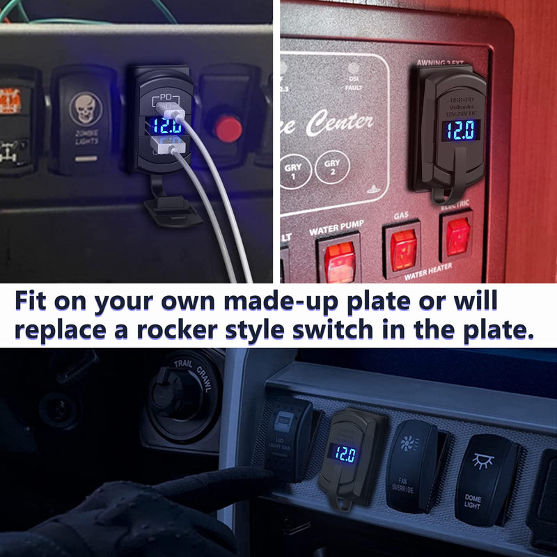 [Australia - AusPower] - [2022 New] USB C Car Charger Socket Rocker Style Switch Replacement, Dual PD and QC3.0 12V/24V Panel Mount USB Outlet with LED Voltmeter for Boat Marine Truck Bus Off Road Vehicles RV Golf Cart, etc. 
