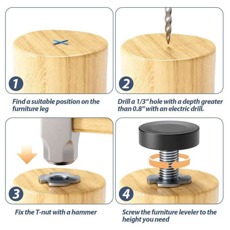 [Australia - AusPower] - MROCO Furniture Leveling Feet with T-Nuts, 12 PCS 1/4"-20 UNC Thread Adjustable Levelers, Leg Levelers Table Feet Screw on for Deak, Chairs, Stool Legs, Cabinet 