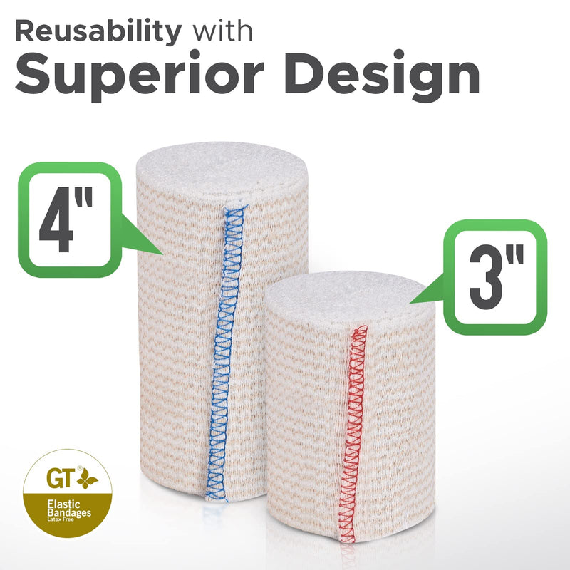 [Australia - AusPower] - Premium Elastic Bandage Wrap Made of USA Grown Organic Cotton - Set of Two 4 inch & Two 3 inch GT Wraps - Hook & Loop Fasteners at Both Ends - Hypoallergenic Compression Roll for Sprains & Injuries Beige Double Hook & Loop 