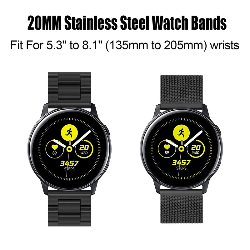 [Australia - AusPower] - LAXMR Compatible with Samsung Galaxy Active 2 40mm 44mm/Galaxy Watch 3 41mm for Men Women, 2 Pack 20mm Stainless Steel Metal Band + Mesh Replacement Strap for Galaxy Watch 42mm Black 