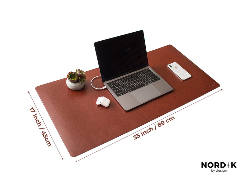 [Australia - AusPower] - Nordik Leather Desk Mat Cable Organizer (Saddle Brown 35 X 17 inch) Premium Extended Mouse Mat for Home Office Accessories - Felt Vegan Large Leather Desk Pad Protector & Desk Blotter Pads Decor Saddle Brown 