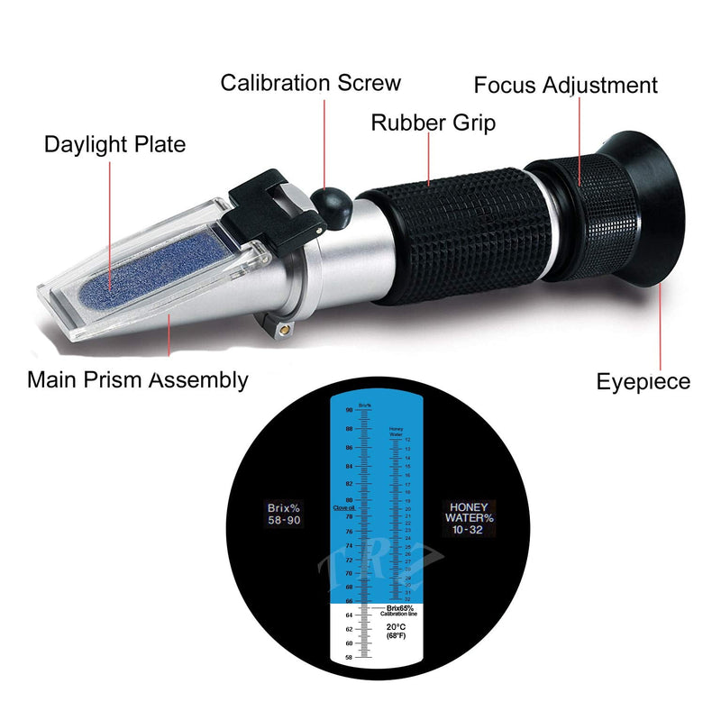 [Australia - AusPower] - TRZ Refractometer Honey 10-32% Water Honey 58-90% Brix Sugar Baume for Beekeeping, Honey, Condensed Milk, Sugar Syrup, Fruit jam, Hamh Optics&Tools 