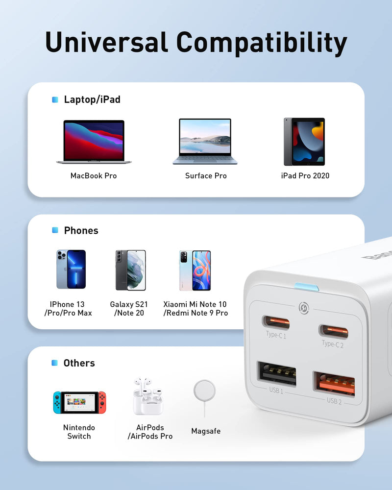[Australia - AusPower] - USB C Charger, Baseus 65W PD GaN3 Fast Wall Charger Block, 4-Ports [2USB-C + 2USB] Charging Station with 5ft AC Cable for MacBook Pro/Air, USB-C Laptop, iPhone 13/12, iPad Pro, Samsung Galaxy, etc 