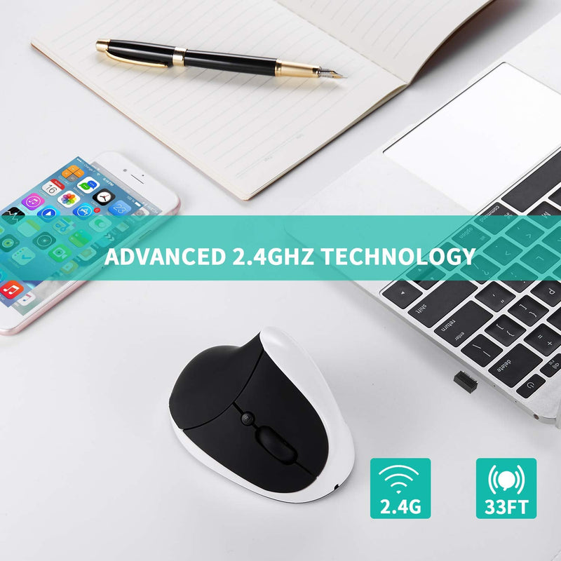 [Australia - AusPower] - Vertical Mouse, AURTEC Rechargeable 2.4G Wireless Ergonomic Mice with USB Receiver, 6 Buttons and 3 Adjustable DPI 800/1200/1600, White 