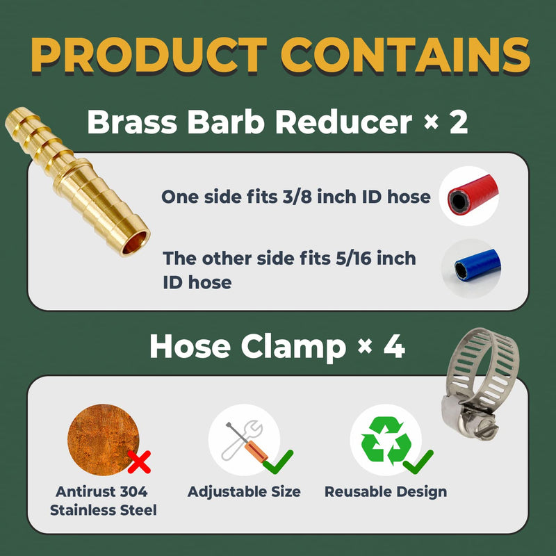 [Australia - AusPower] - LIONMAX Hose Barb Reducer Adapter Fittings, 3/8'' to 5/16'' Barb Hose ID, Brass Hose Barb Connector, with 4 Hose Clamps, for Air/Water/Fuel, (2 PCS) 