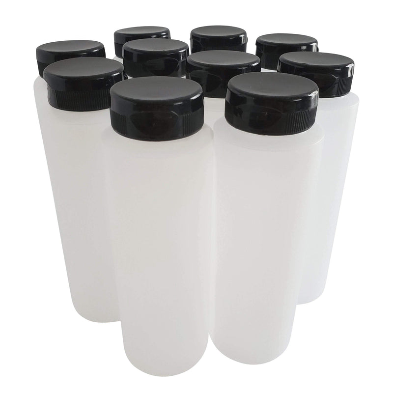 [Australia - AusPower] - kelkaa 8oz HDPE Plastic Squeeze Bottles with Wide Mouth Opening, Black Flip Top Caps for Condiments and Any Thick Liquid Products, Multi Purpose Refillable Empty Bottles (Pack of 10) 
