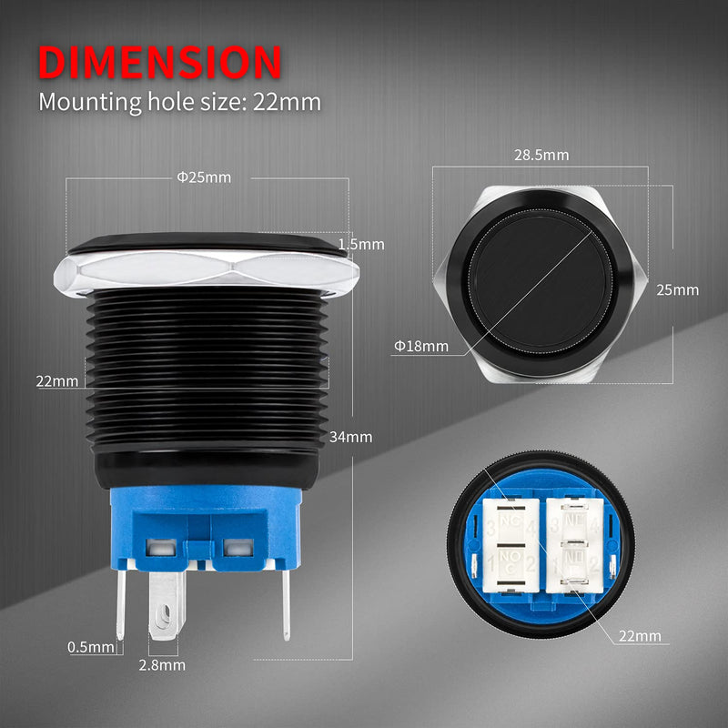 [Australia - AusPower] - DaierTek Momentary Push Button Switch 12V Waterproof LED Horn Button Switch 12 Volt Stainless Steel 22mm for Automotive Car Marine Boat Train -2pcs Black 22mm Blue Ring Illuminated 