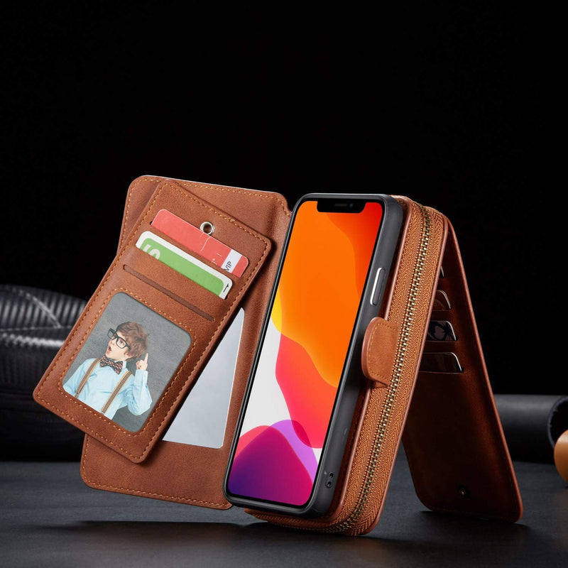 [Australia - AusPower] - Urvoix for iPhone 11 Wallet Case Premium Leather Zipper Purse with Strap, Detachable Removable Magnetic Case with Card Holder Flip Cover for iPhone 11(6.1-inch Display), Brown 