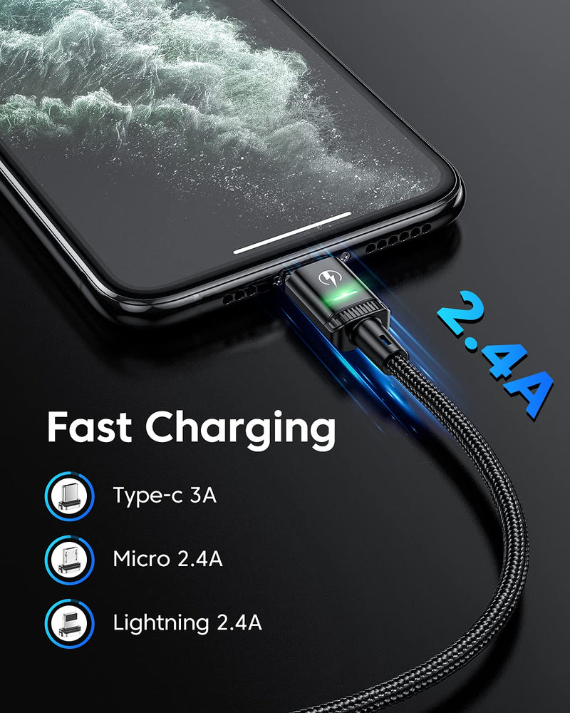 [Australia - AusPower] - KUULAA 3Pack Magnetic Charging Cable USB C,3A Fast Charging/Data Transmission with 3 in 1 Charging Tips Nylon-Braided Phone Cable Compatible for iProduct/Type C/Micro Device(6.6ft/6.6ft/6.6ft) 6.6,6.6,6.6ft Black 