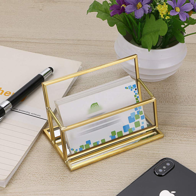 [Australia - AusPower] - Hipiwe Glass Business Card Holder Stand - Vintage Gold Metal Name Card Display Stand Office Desktop Countertop Business Card Organizer Golden 