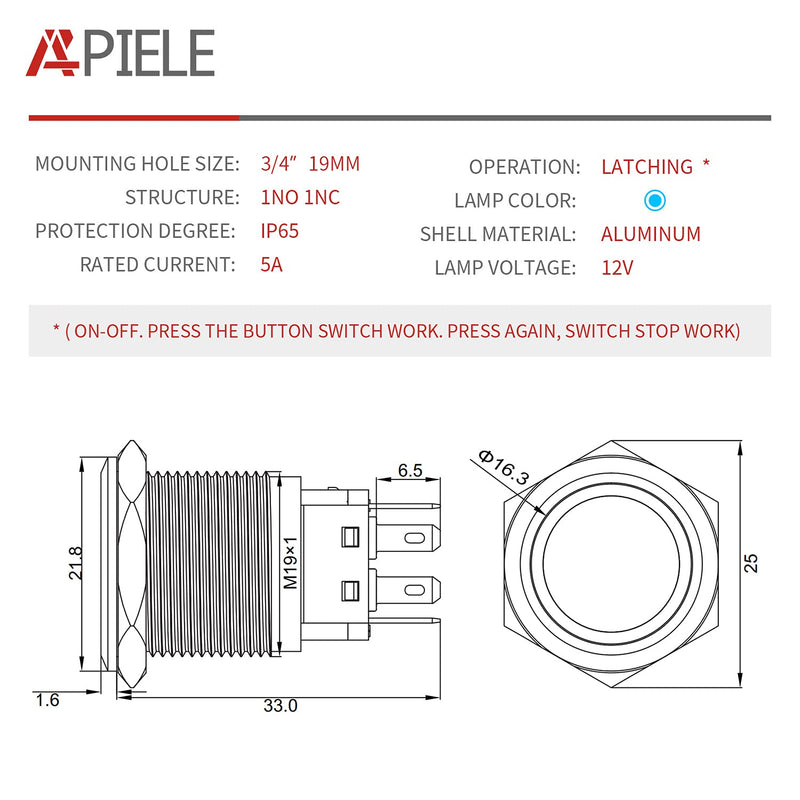 [Australia - AusPower] - Latching Push Button Switch 19mm - APIELE- 12V- 24V DC LED SPDT 1NO1NC Aluminium Alloy Metal Push Button Switch with Pigtail (Blue Led/Black Shell, Pack of 6) Black Shell 6 Pcs Blue Led 