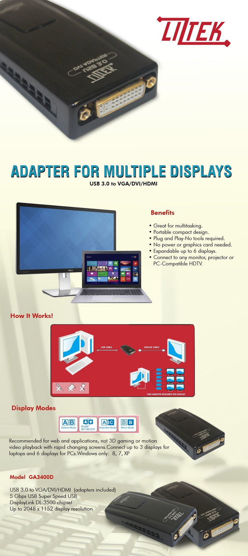 [Australia - AusPower] - Liztek 3400D USB 3.0 to VGA/DVI/HDMI Video Graphics Adapter Card for Multiple Monitors up to 2048x1152 / 1920x1080 Each (DisplayLink DL-3500 Chipset - Windows XP, 7, 8, 8.1) 2048 DVI/VGA/HDMI 2048 x 1152 