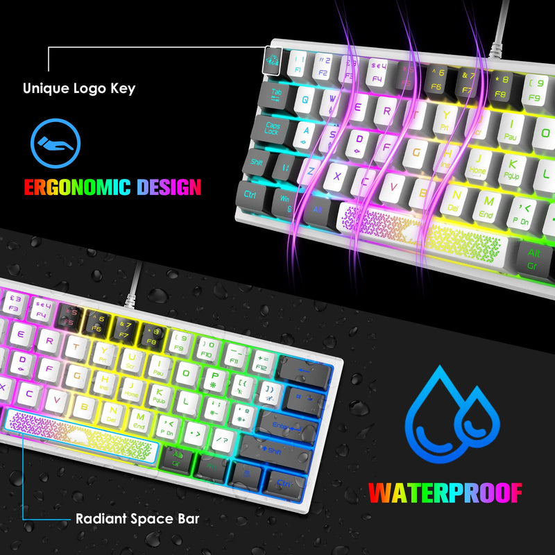 [Australia - AusPower] - ZIYOU LANG K61 60% Gaming Keyboard Mini Portable with Rainbow RGB Backlit Compact Ergonomic 62Key Layout Anti-ghosting Mechanical Waterproof Wired for PC Mac Windows Gamer Laptop Typists(White+Black) White+Black 