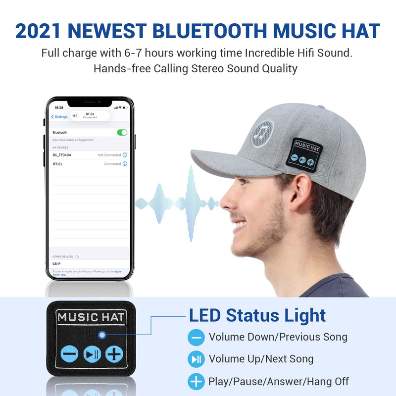 [Australia - AusPower] - TOUCH TWO Wireless Bluetooth Speaker Hat Rechargeable Music Cap with Built-in Microphone and Stereo Speakers, Baseball Caps for Outdoor or Indoor Sports, Gift for Men, Women, Boys, Girls, Grey Color 