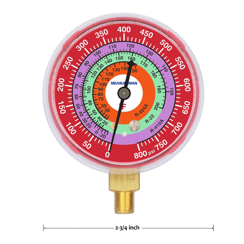[Australia - AusPower] - Measureman Refrigeration Pressure Gauge, 2-3/4" Dial, Red Dial, 1/8" NPT Lower Mount, 0-800psi, R-404A, R-22, R-410A, Degree F, Adjustable Pointer 2-3/4 inch（0-800psi） 