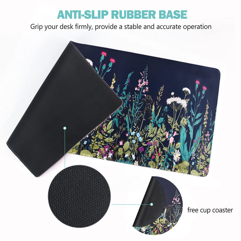 [Australia - AusPower] - AIMSA Extended Gaming Mouse Pad, XL Large Keyboard Mouse Mat Desk Pad with Stitched Edges, Durable Non-Slip Base Mousepad for Home Office Work, 35x15.7inch ,Flowers Plants Flowers Plants 