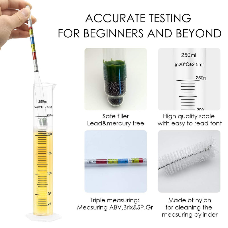 [Australia - AusPower] - Hydrometer and Test Jar for Wine, Beer and Kombucha - Including 250ml Plastic Cylinder, Cleaning Brush and ABV Storage Bag 