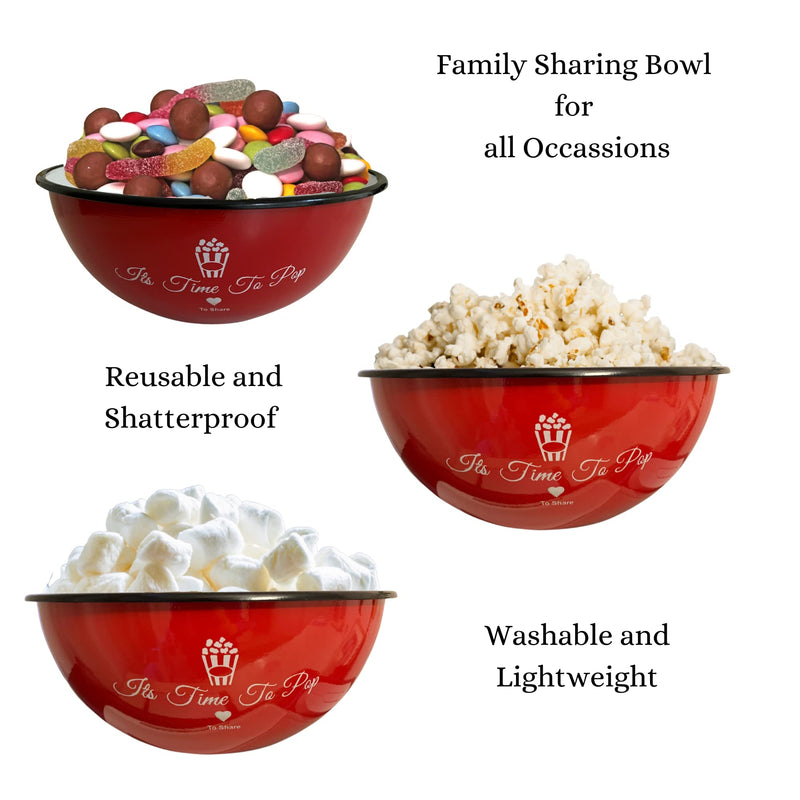 [Australia - AusPower] - Delightful Bliss Red Popcorn Bowl-Retro Family- Size Popcorn Bucket Tub For Party & Movie Night Snacks- Non Chip, Shatterproof, Enamel Coated Stainless Steel Serving Container - 80oz Capacity, 5x9.5" 