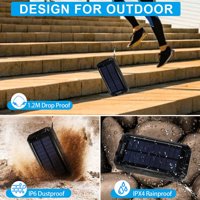 [Australia - AusPower] - Tainbat Solar Power Bank 20000mAh Portable Charger Solar for Cell Phone, Waterproof External Backup Battery USB Charger with Flashlight Compass for Emergency or Camping Hiking Outdoor Black 