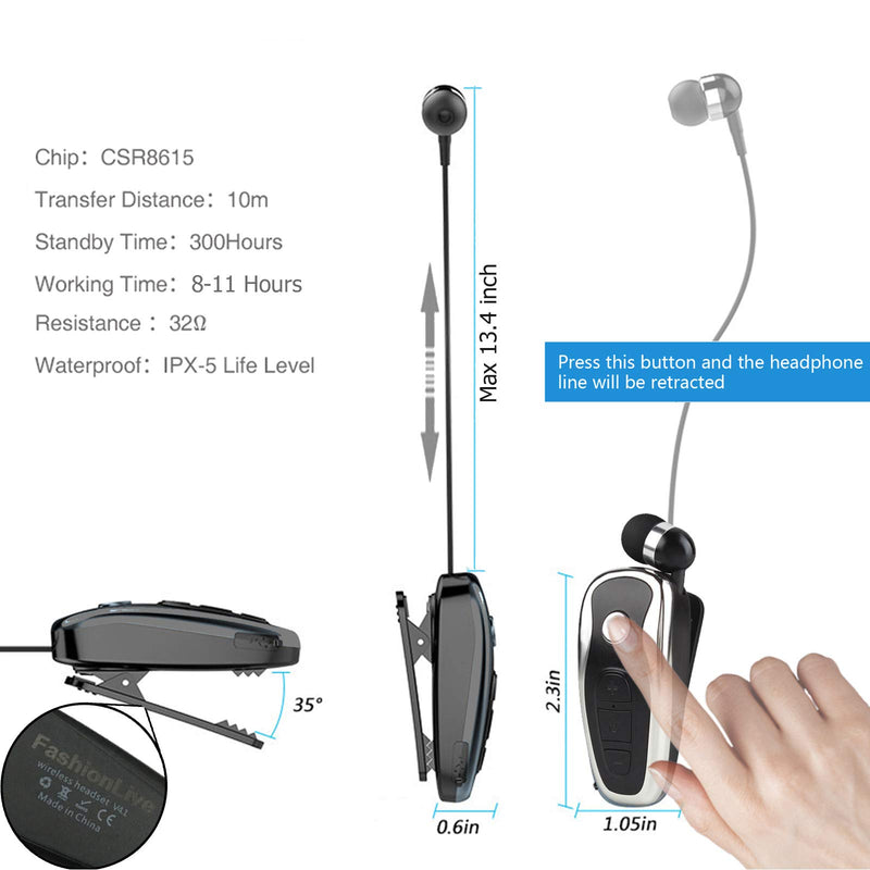 [Australia - AusPower] - Retractable Wireless Headset Headphone V5.0 Stereo Wireless Earpiece Business Headphones Clip on Earbud Compatible with Smart Cell Phones Tablet Pad PC Laptop Black 