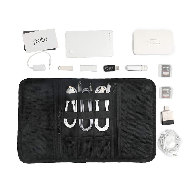 [Australia - AusPower] - Patu Roll Up Electronics Accessories Travel Gear Organizer Case, Black - Portable Universal External Batteries Hard Drives Cable Management Healthcare Cosmetics Kit Bag 