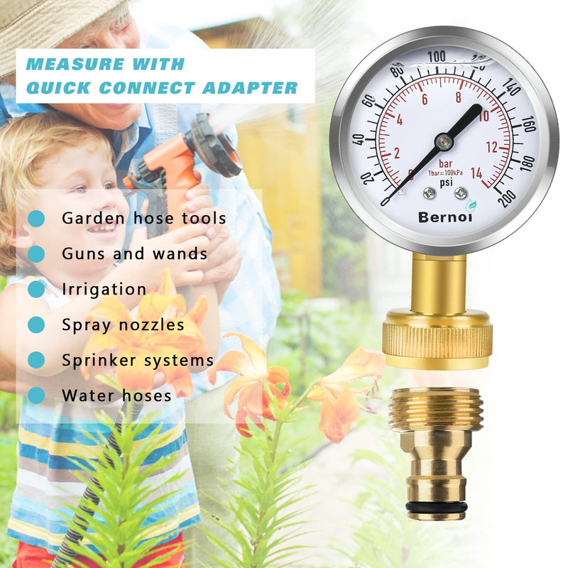 [Australia - AusPower] - Bernoi Water Pressure Gauge Kit, Glycerin Filled Test with Lead-Free Brass Hose Fittings, 3/4'' Female Coupler Plus 5 Adapters to in Multiple Systems, 2-2/3'' dial, 0-200 Psi 