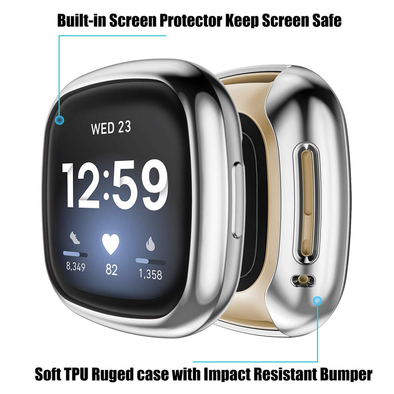 [Australia - AusPower] - Witzon 3 Pack Screen Protector Case Compatible with Fitbit Versa 3/Versa Sense, TPU Rugged All-Around Protective Plated Bumper Case Cover Accessories for Fitbit Versa 3 Versa Sense Smartwatch Clear/Sliver/Black 