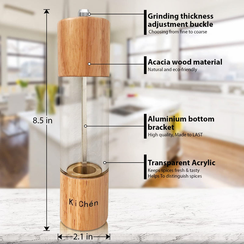 [Australia - AusPower] - Kichén Wooden Salt and Pepper Grinder Set, Manual Salt Grinder, Pepper Mill Grinder, Refillable Salt and Pepper Mill, New Capacity Salt and Pepper Set 