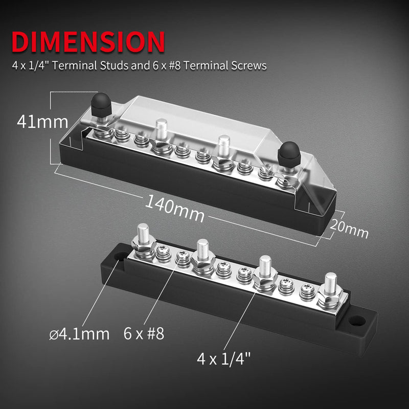 [Australia - AusPower] - DAIERTEK Power Distribution Block 4 x M6 Terminal Studs, 6 x M4 Terminal Screws Battery Bus Bar for Car Marine Boat (Pair - Positive & Negative) 4 Studs 6 Screws 