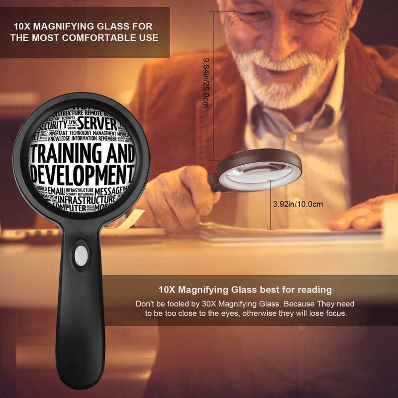 [Australia - AusPower] - Magnifying Glass with Light, 10X Handheld Large Magnifying Glass 12 LED Illuminated Lighted Magnifier for Macular Degeneration, Seniors Reading, Soldering, Inspection, Coins, Jewelry, Exploring 