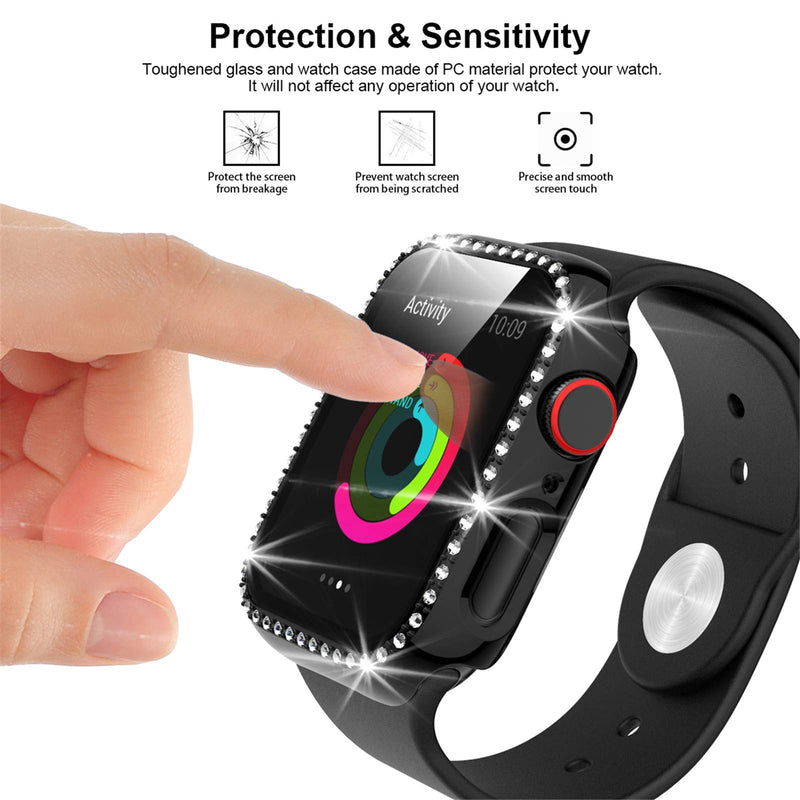 [Australia - AusPower] - 2Pack Single row diamond watch protective case，Protective Case Screen Protector Compatible with iWatch Series 3/2/1 SE 42mm for iWatch Accessories (Black+Clear, 42mm) Black+Clear 