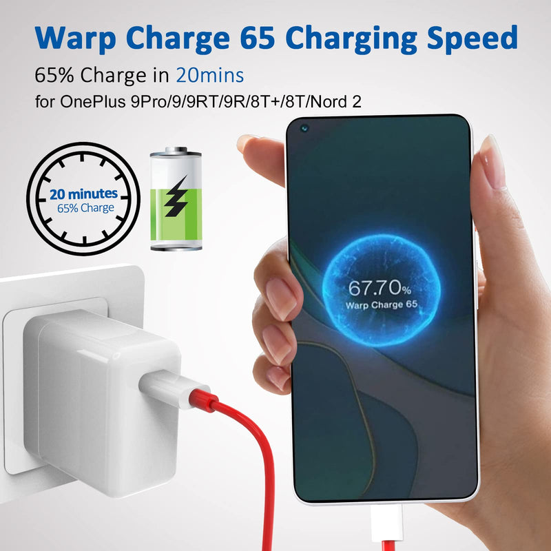 [Australia - AusPower] - OnePlus Warp Charger, 65W Warp Charger Block Replacement for OnePlus Nord 2 5G/9 Pro/9RT/9/9R/8T+ 5G/8T,10V 6.5A Warp65 OnePlus Fast Wall Charger Adapter with 3.3ft USB C Warp Charger Cable 