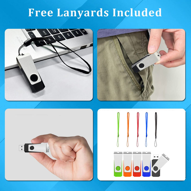 [Australia - AusPower] - USB Flash Drive 8GB 5 Pack, Wooolken USB 2.0 Memory Stick with Lanyards Swivel Thumb Drives Bulk Multi Pack USB Drive Pendrive Jump Zip Drive(5 Mixed Colors: Black Red Blue Orange Green) 5 PCS 
