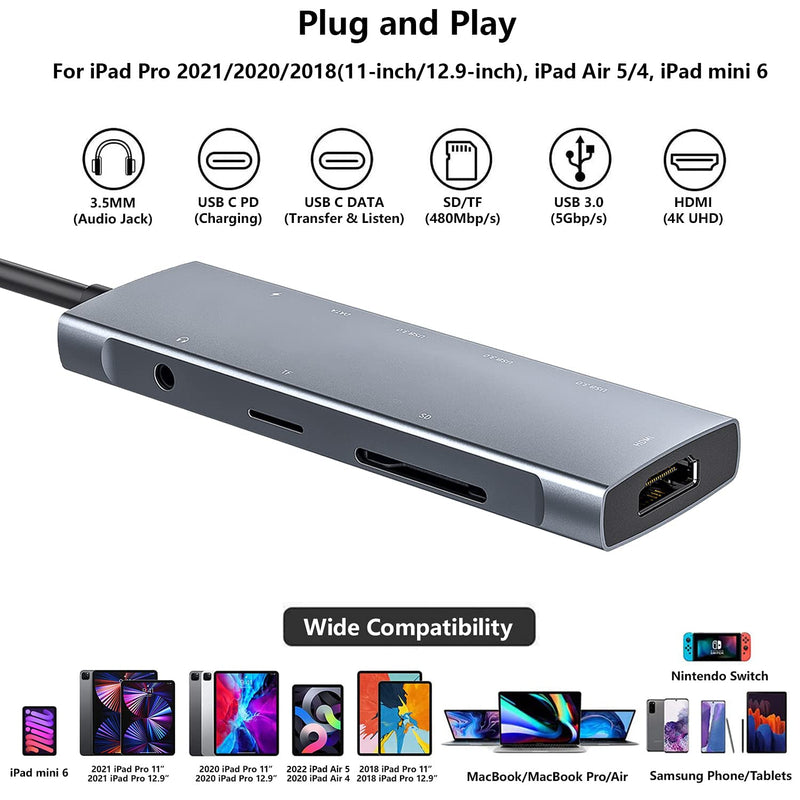 [Australia - AusPower] - USB C HUB for iPad Pro 9-in-1 Adapter iPad Pro 2021 2020 12.9 11 inch iPad Air 5 4 Docking Station with 4K HDMI, USB-C PD, SD/TF Card Reader, USB 3.0, 3.5mm Headphone Jack, Type C Data, iPad Mini 6 