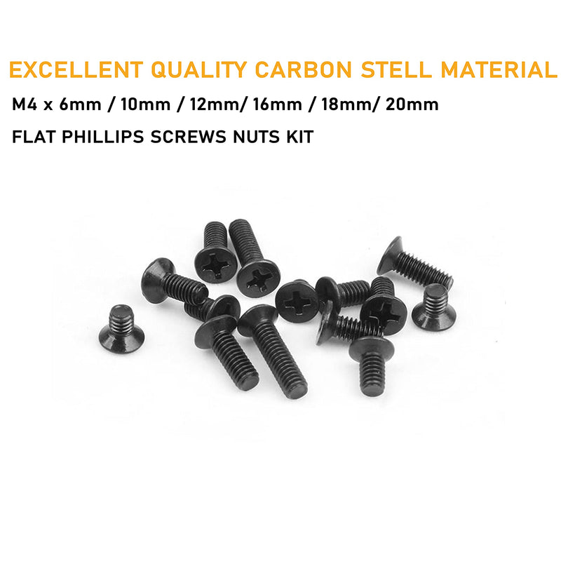 [Australia - AusPower] - binifiMux 220pcs M4 Flat Head Black Screw Nuts Kit, M4 x 6mm/ 10mm/ 12mm/ 16mm/ 18mm/ 20mm 