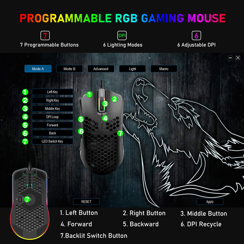 [Australia - AusPower] - Lightweight Gaming Mouse,26 Kinds RGB Backlit Mice,PixArt 3325 12000 DPI Mouse,Ultralight Honeycomb Shell Ultraweave Cable Mouse and Anti-Key Can Be Set for PC Gamers and Xbox and PS4 Users(Black) Black RGB 