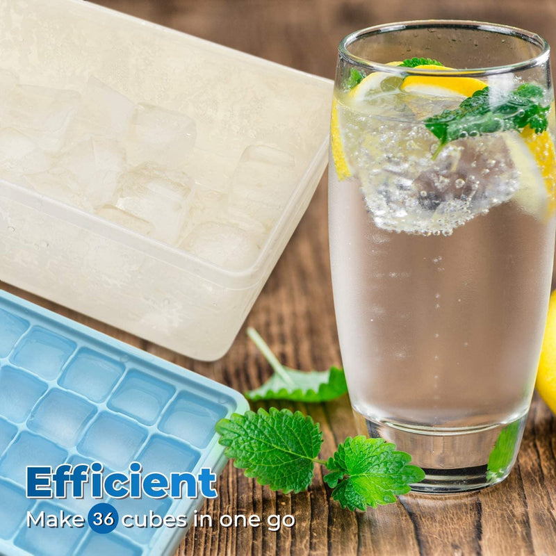 [Australia - AusPower] - Ice Cube Tray With Lid and Bin - Large Silicone Ice Tray For Freezer | Comes with Ice Container, Scoop and Cover| BPA Free| Space Saving Ice Cube Molds | Perfect for Cocktails, Waterbottles or Whisky! 36- Medium Ice Cubes Blue 