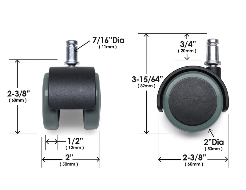 [Australia - AusPower] - Slipstick CB680 2 Inch Rubber Caster Wheels for Office Chairs (5 Pack) Standard Size 7/16" (11mm) Stem Diameter 