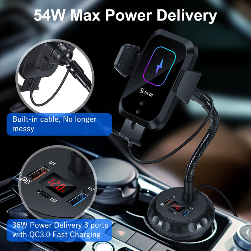 [Australia - AusPower] - HVDI Cup Phone Holder Wireless Car Charger Mount, 3 Ports 54W Car Charger with 15W Qi Fast Charging Auto-Clamping Wireless Charger Adjustable Gooseneck Mount for iPhone Samsung Galaxy Note LG & More 