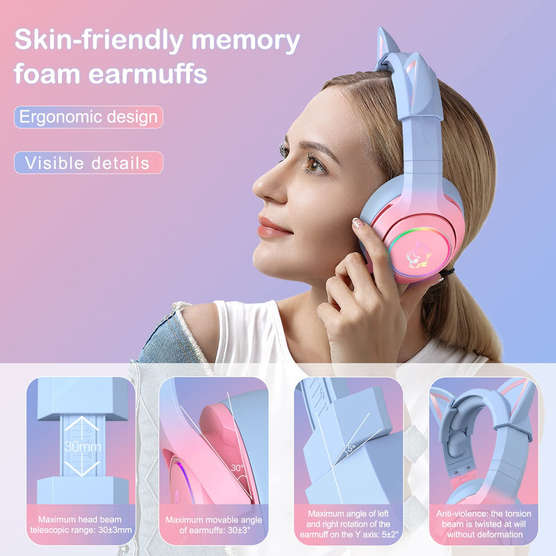[Australia - AusPower] - PHNIXGAM Gaming Headset for PS4, PS5, Xbox One(No Adapter), Cat Ear Headphones with Noise Cancelling Microphone, RGB Backlight, Surround Sound for PC, Mobile Phone, Gradient Pink Blue 