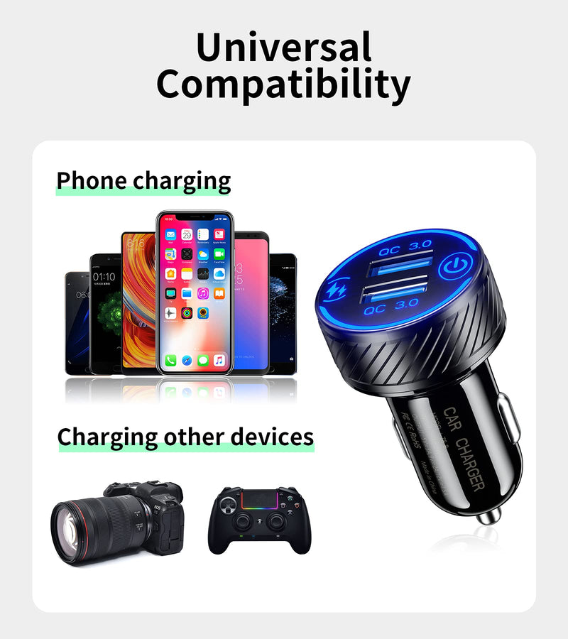 [Australia - AusPower] - KEWIG Car Charger, 36W 3A Fast Car Charger Adapter, Dual QC3.0 USB Car Charger Fast Charge with Blue LED & ON/Off Switch 