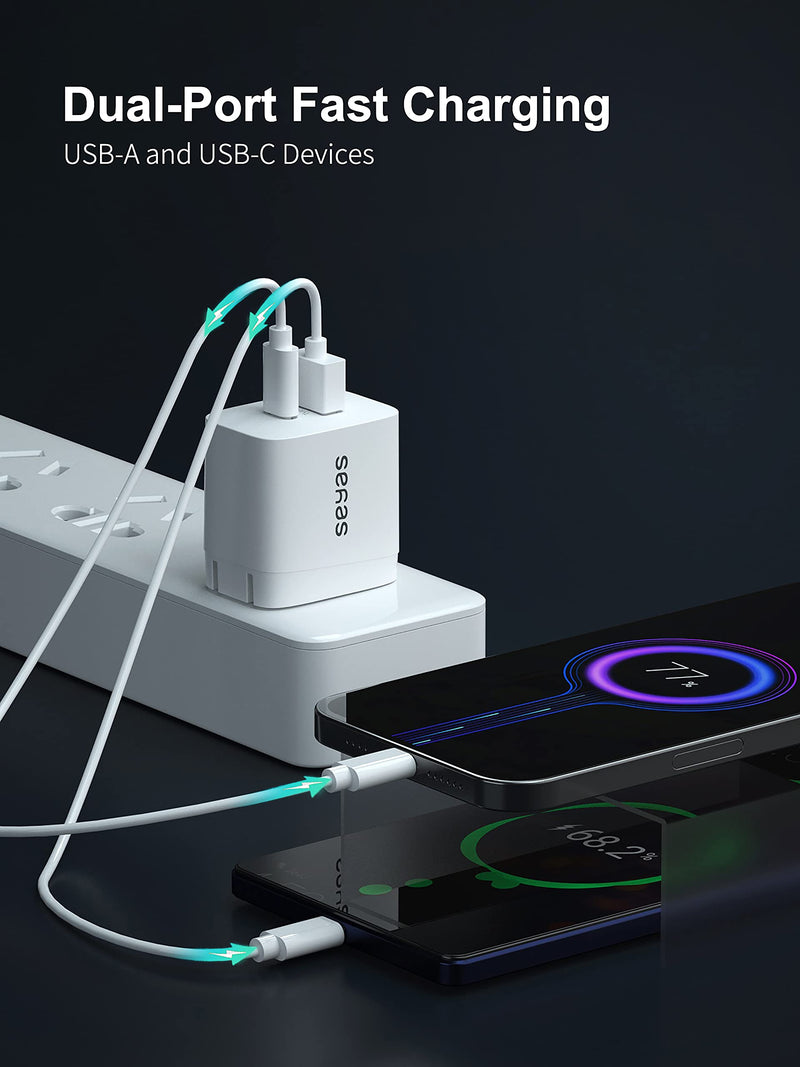 [Australia - AusPower] - USB C Charger, Seyas 18W Wall Charger 2 Port Power Delivery Fast Charger Power Adapter Foldable PD Charger for iPhone/iPad/Airpods/Pixel/Galaxy/Switch and More, White 
