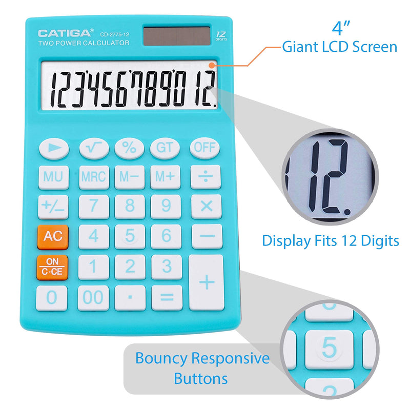 [Australia - AusPower] - Desktop Calculator with 12 Digit LCD Display Screen, Home or Office Use, Easy to Use with Clear Display/Memory Functions, CD-2775 (Light Blue) Teal 