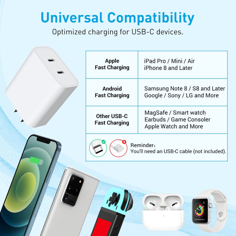 [Australia - AusPower] - Type C Charger, iPhone Charger, Knofarm Dual Port 40W USB C Wall Charger Fast Charging Block for iPhone 13 12 11 Pro Max SE iPad Pro Air Mini Galaxy Pixel PD 3.0 USBC Power Adapter Plug Cube Box Brick 