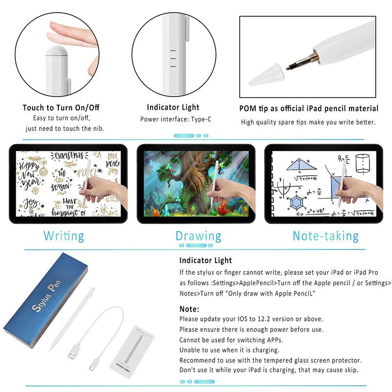 [Australia - AusPower] - Stylus Pen for iPad with Palm Rejection and Battery Indicator,Fast Charge,Compatible with (2018-2020) iPad Pro (11/12.9 in),iPad Air 3rd/4th,iPad 6/7/8th,iPad Mini 5th for Writing/Drawing 