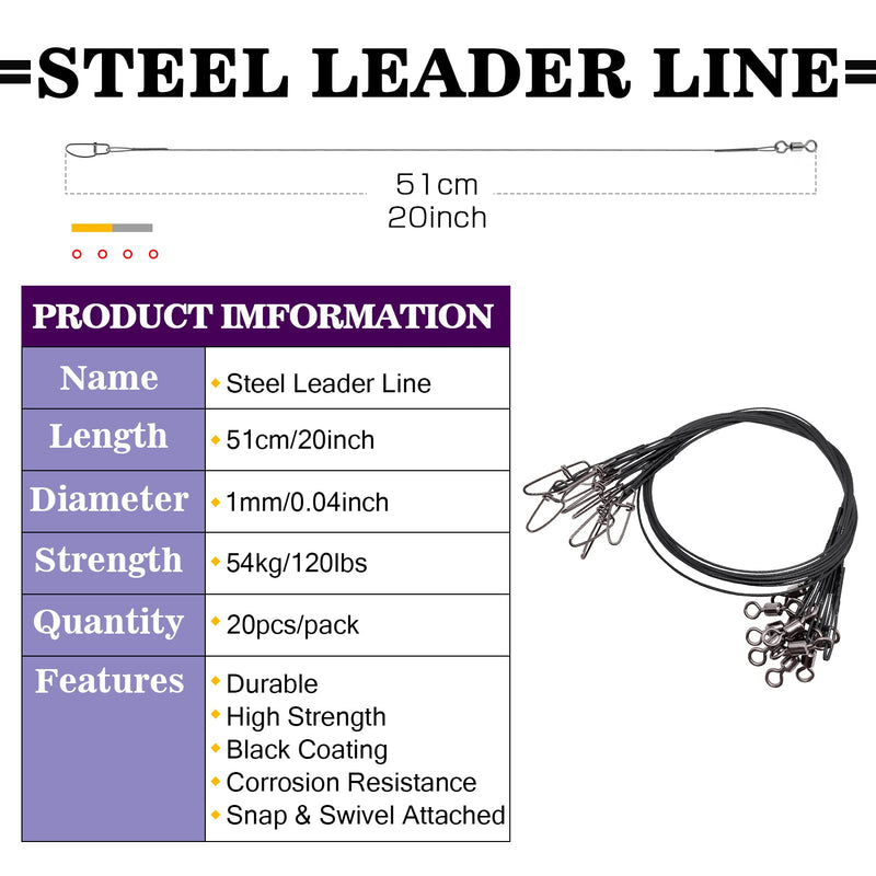 [Australia - AusPower] - AMYSPORTS High Strength Fishing Leader Kit Heavy Rig Fishing Leaders Swivel Saltwater Line Wire Leader Snap Connector 20pcs 20inch 120lb 