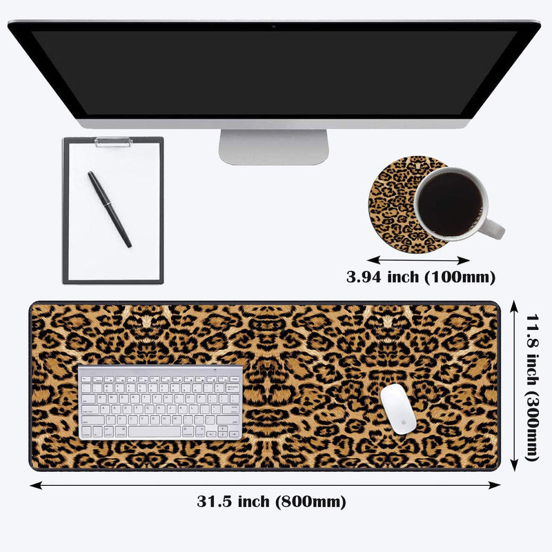[Australia - AusPower] - Desk Pad Mat Gaming Mouse Pads with Coasters Set, Stitched Edges Design Mouse Pad XXL Large Mouse Pad for Laptop Computers Leopard Print Desk Writing Mat for Office & Home 31.5"x 11.8" 