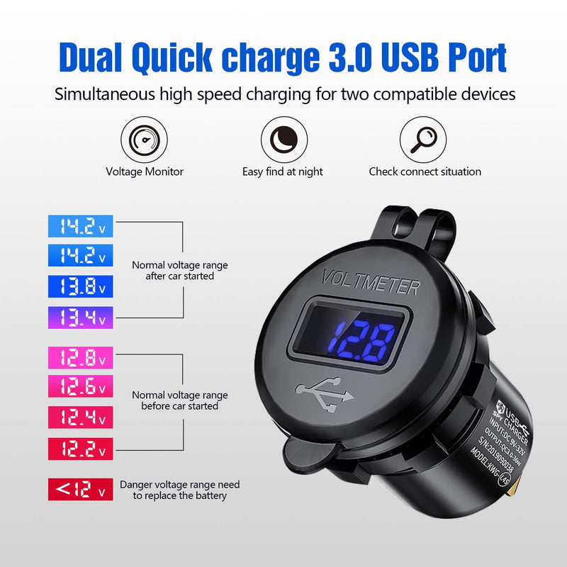 [Australia - AusPower] - USB Charger Socket Quick Charge 3.0 Waterproof Dual USB Car Power Outlet 12V/24V Fast Charge with LED Voltmeter for Car, Marine, Boat, Motorcycle, Truck, RV and More-Black Black 