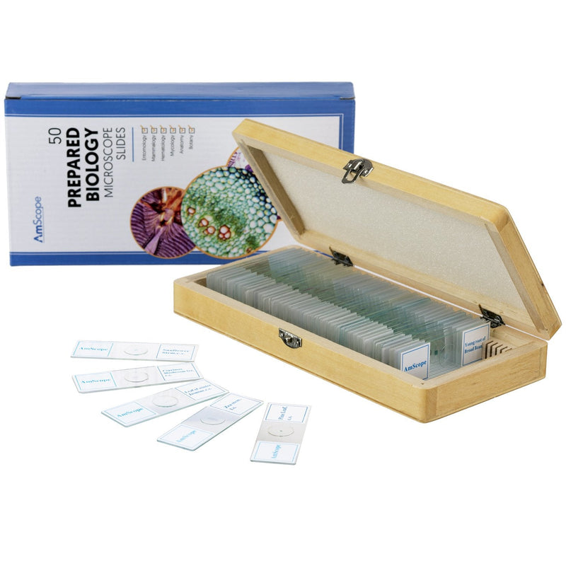 [Australia - AusPower] - AmScope PS50 Prepared Microscope Slide Set for Basic Biological Science Education, 50 Slides, Includes Fitted Wooden Case 
