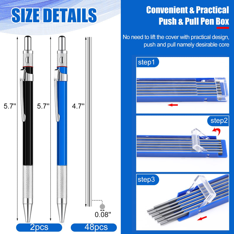 [Australia - AusPower] - 2 Pieces Silver Streak Welders Pencil with 48 PCS Round Refills Silver Metal Welding Marker with Built in Sharpener Mechanical Pencils for Pipe Fitter Welder Steel Construction Fabrication Woodworking 